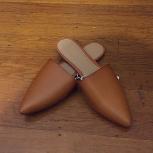 Tan leather flat slides