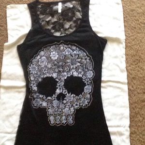 Sheer black lace and bling skull tank top