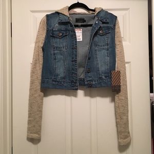 Jean jacket with sweater sleeves and hoodie
