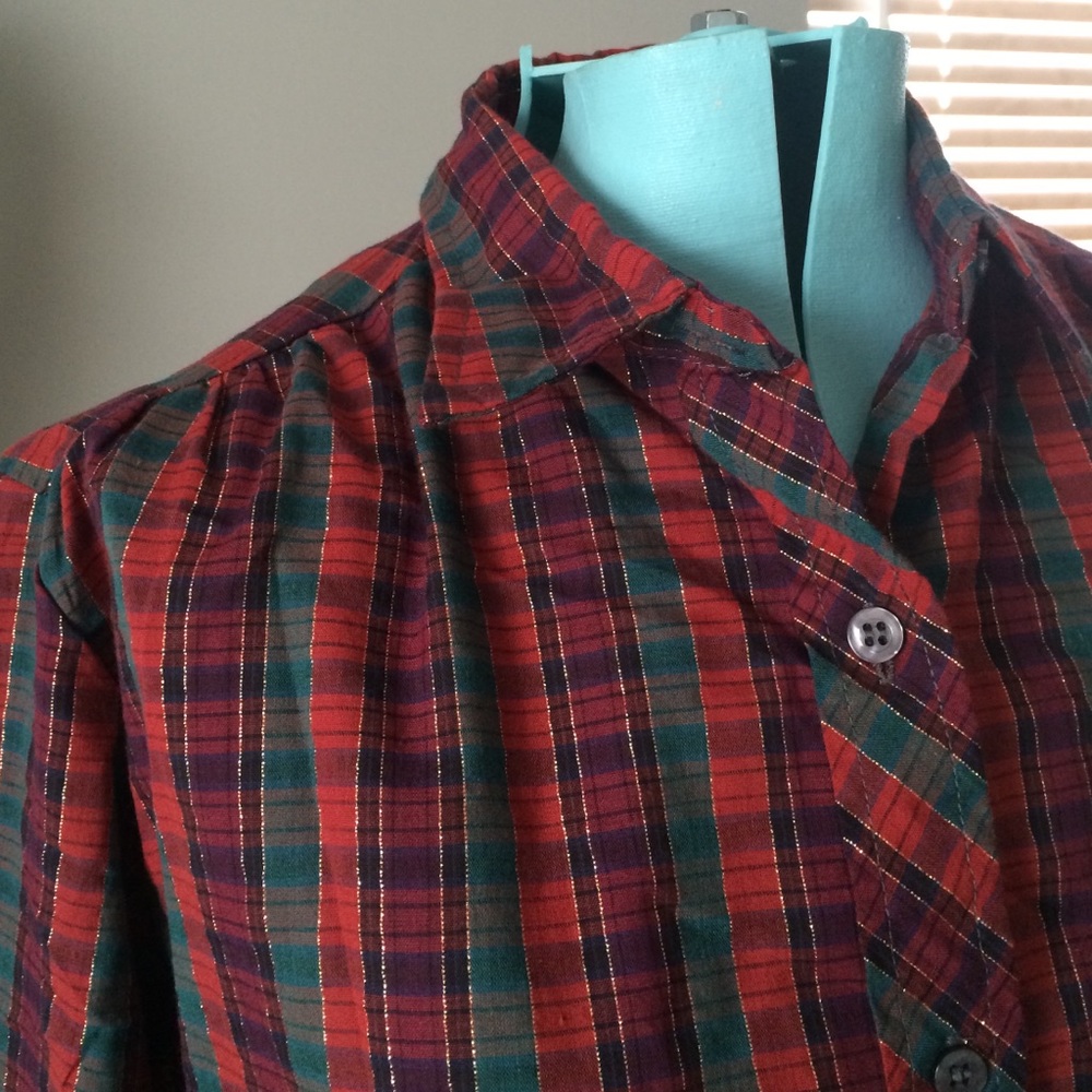 Vintage red green gold plaid blouse