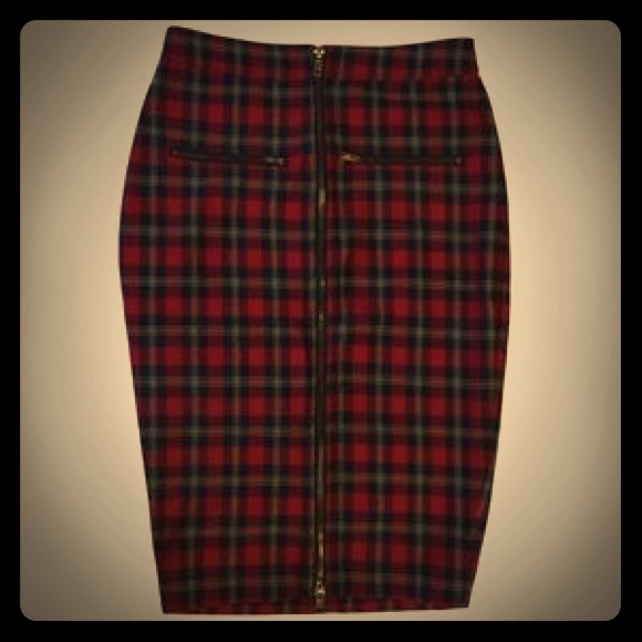 Knee length red plaid skirt