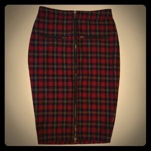 Knee length red plaid skirt