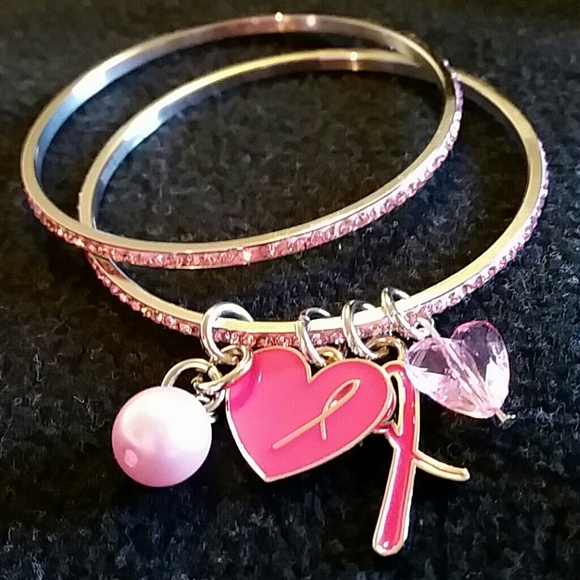 Breast cancer pave bangle bracelet set