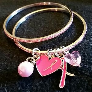 Breast cancer pave bangle bracelet set