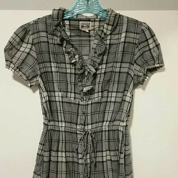 Converse gray blue plaid peasant button tunic top - Picture 2 of 3