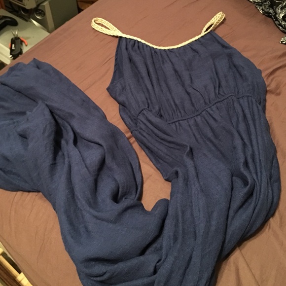 Vasna Navy and Gold Rope Trim Maxi Dress Large