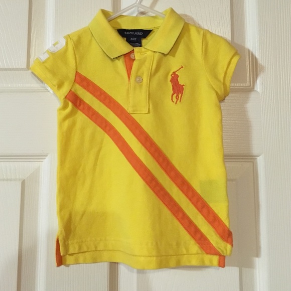 Yellow polo top with orange horse and stripes - Picture 1 of 2