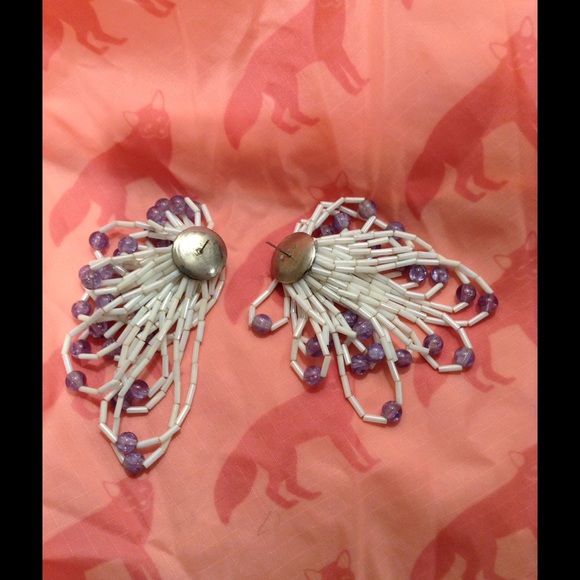 Waterfall Pearl White and Violet Beads Earrings - Picture 4 of 4