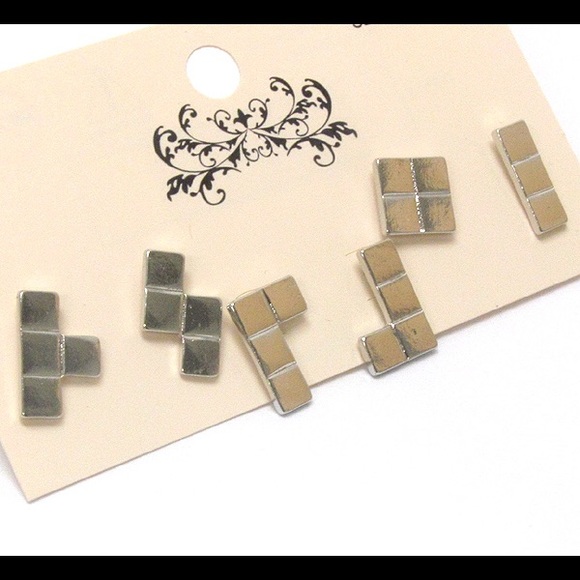 Silver Tetris Earrings: Set of 3