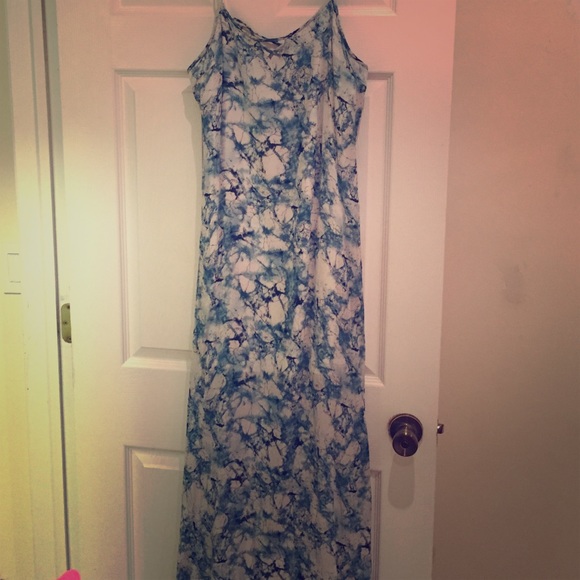 Blue watercolor maxi dress with criss cross back