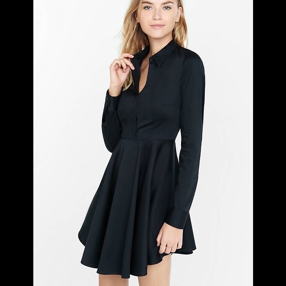 Black Fit & Flare Stretch Shirt dress--EXPRESS