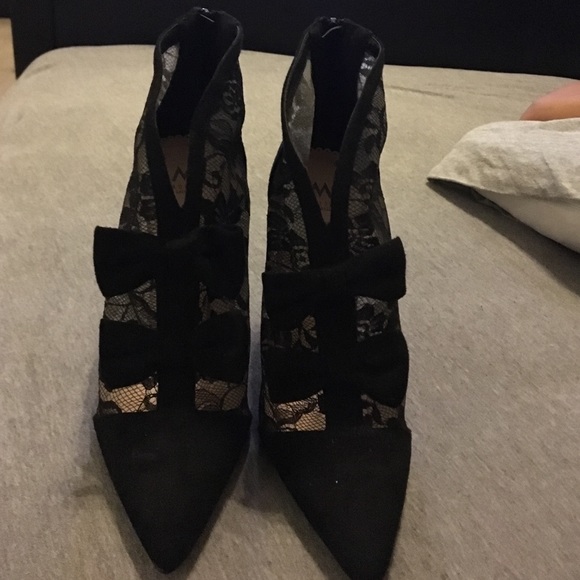 Black mesh bootie heels