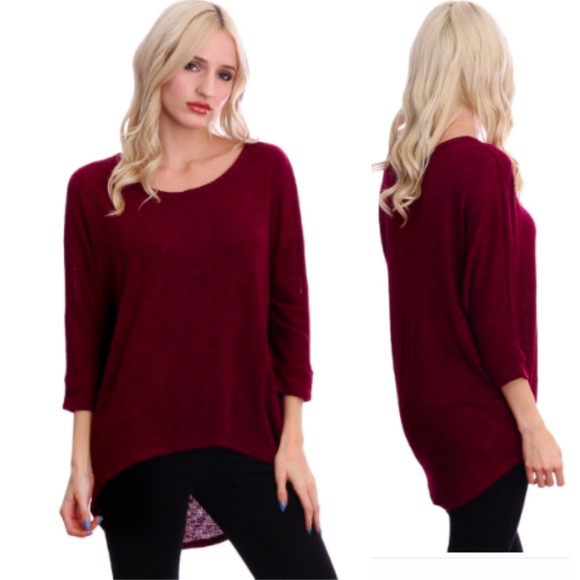 Boutique Tops - Burgundy Hi Lo Dolman