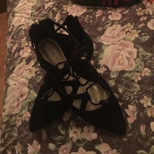 Black velvety lace up pointed flats size 8.5