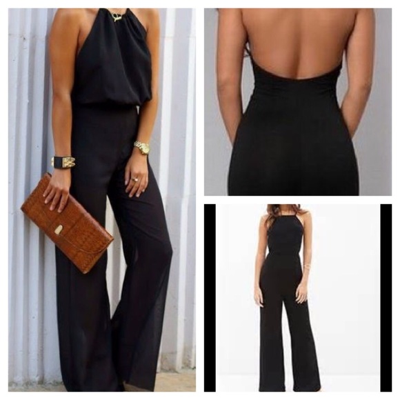 Black halter jump suit.
