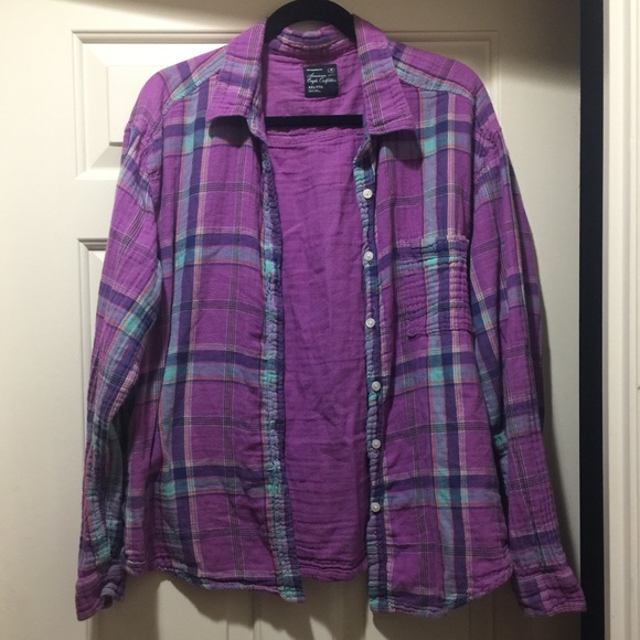 American Eagle Purple Flannel Long Sleeve Button