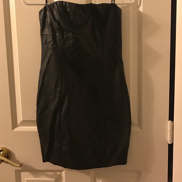 Strapless black leather bodycon mini-dress