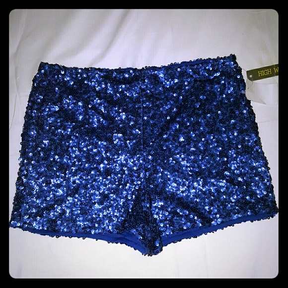 High waisted Blue Sequin shorts with back zip