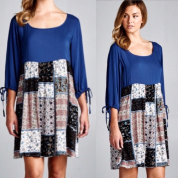 ❣LAST❣ Blue Patchwork Tie Sleeve Tunic Dress - Picture 2 of 2