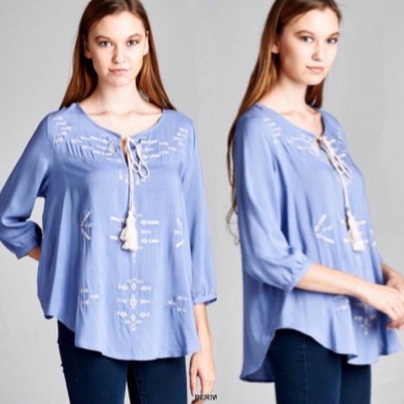 Tops - ❣LAST❣ Periwinkle Embroidered Blue Fall Top