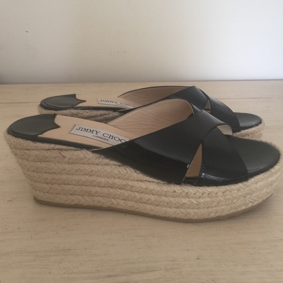 Jimmy Choo Paisley patent leather wedge slides