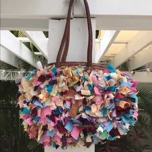 Recycled fabrics straw and leather purse