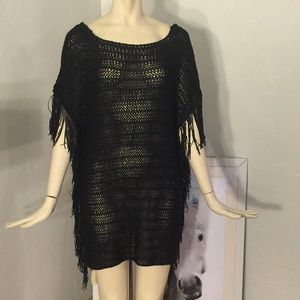 NWT Zara black knit open weave top with fringe.
