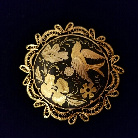 Vintage Jewelry - Vintage 1950s Spanish Toledo Damascene Bird Brooch