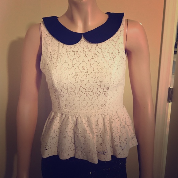 Cute collared peplum lace floral top bib shirt