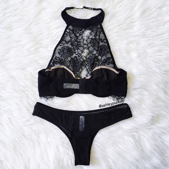 SOLD black lace high neck bralette and thong - Picture 2 of 4