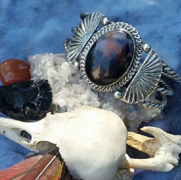 SOLD Native American Silver Petrified Wood Cuff - Picture 1 of 4