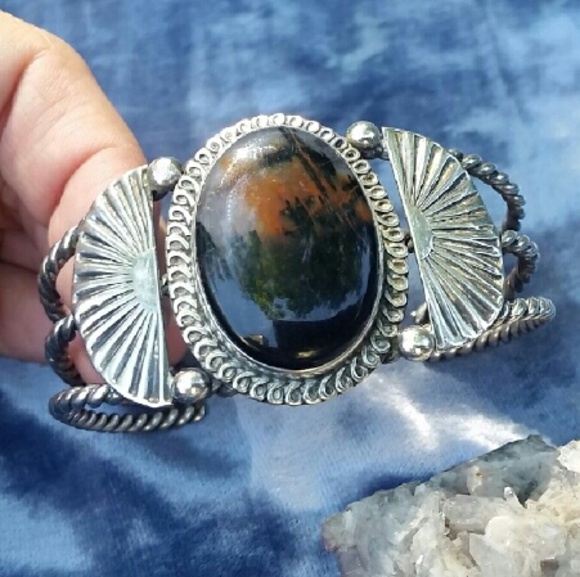 SOLD Native American Silver Petrified Wood Cuff - Picture 2 of 4
