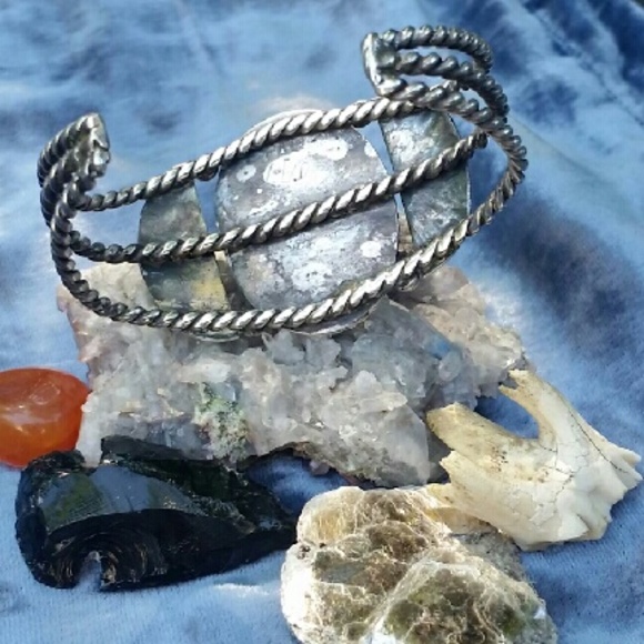 SOLD Native American Silver Petrified Wood Cuff - Picture 3 of 4