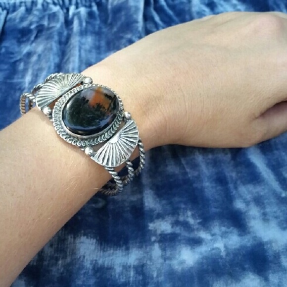 SOLD Native American Silver Petrified Wood Cuff - Picture 4 of 4