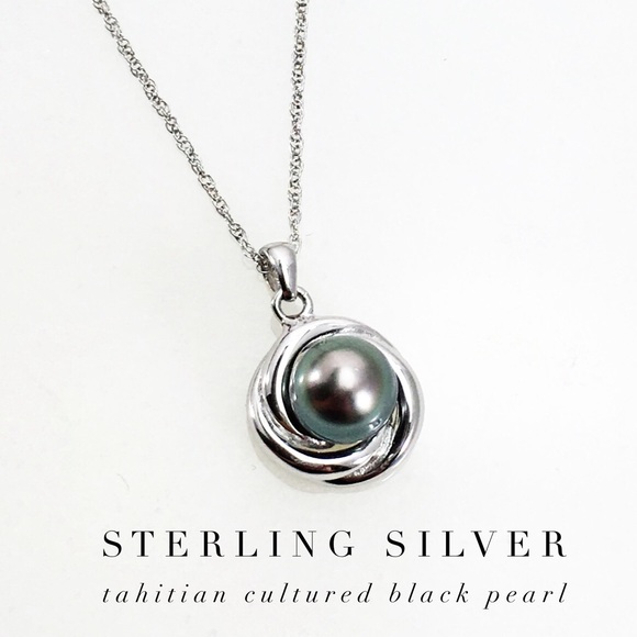 New Sterling Silver Tahitian Black Pearl Necklace