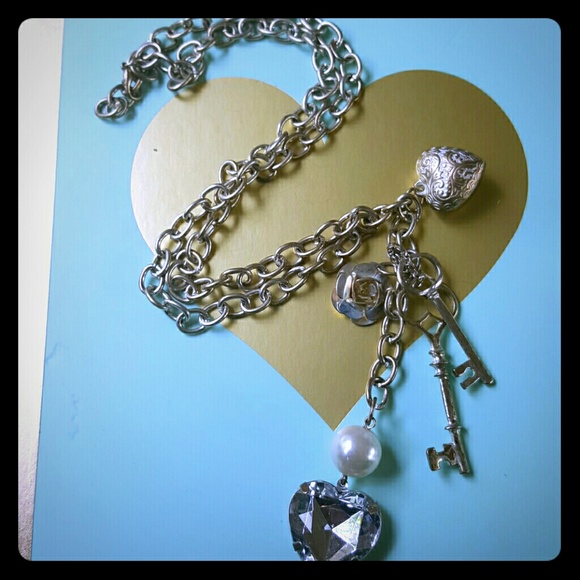 Silver Hollow Heart, Pearl, and Key Charm Necklace