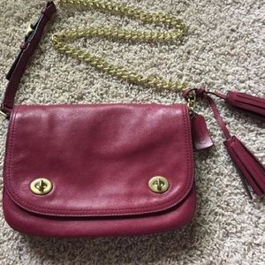 Coach Magenta Leather Flap Purse with Gold Chain