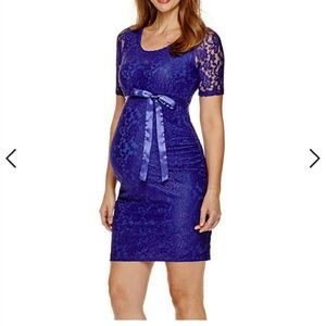 Maternity Elbow-Sleeve Lace Dress with Bow Belt
