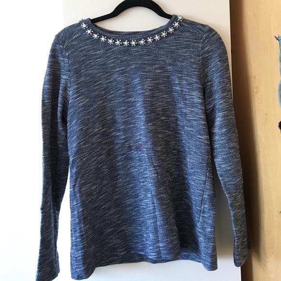 Woven Sweater with Jeweled Neck