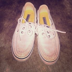White Sequin Sperry Boat Shoes