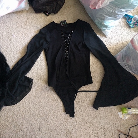 Bell-sleeved thong bodysuit