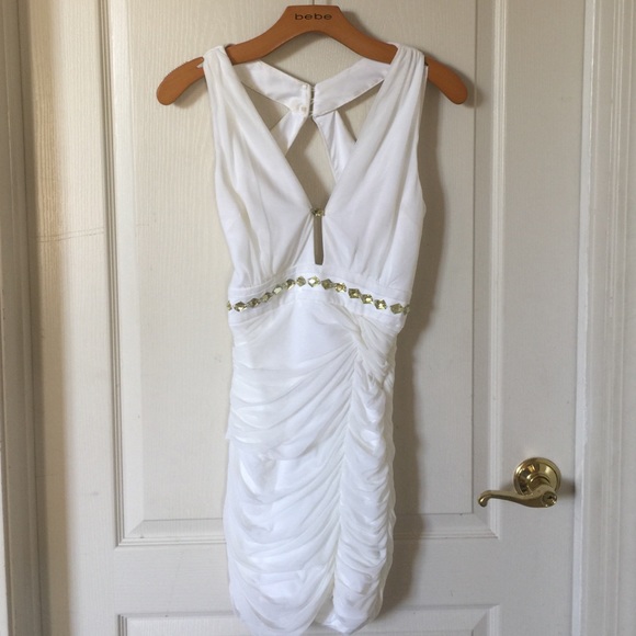 Classy white Bebe dress with jewels & mesh details