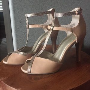 Tan and gold metallic heels