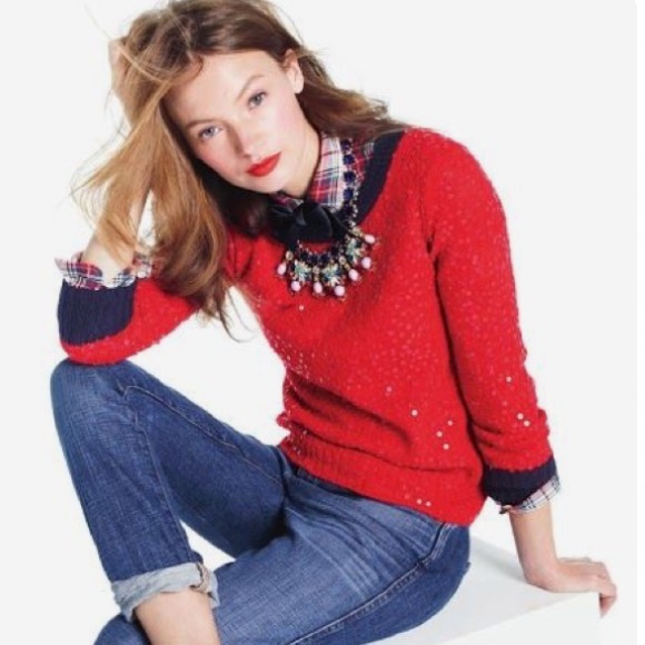 J Crew Red Scattered Sequin Sweater