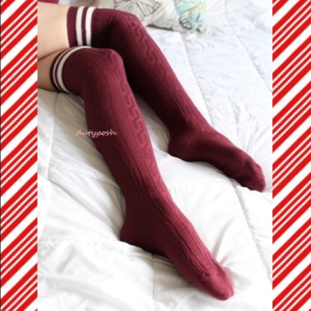 Cable Knit Thigh High Over Socks OTK Boot Burgundy School Girl Uniform Costume - Picture 2 of 4