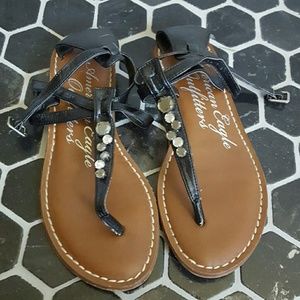 AE flat black jeweled sandals