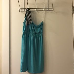 Aqua blue, one shoulder, above the knee dress
