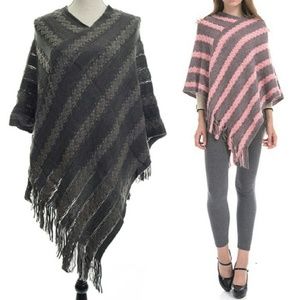 Retro Stripe & Fringe Sweater Poncho Charcoal Gray