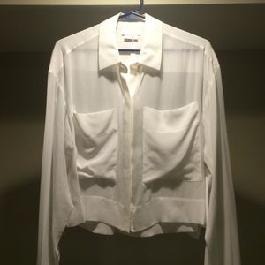White DKNY cropped silk button up.