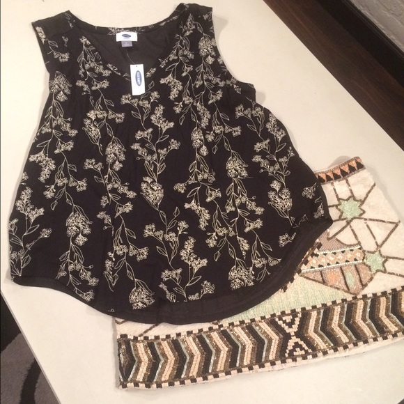 Black Tank with Cream Floral Print, Sheer Back